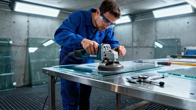 Closeup of a technician shaping polycarbonate sheets for custom bulletproof glass installation with precision tools in a secure workshop environment.