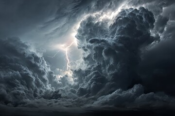Naklejka premium Powerful thunderstorm unleashes nature's fury over the darkened sky as lightning streaks through thick, swirling clouds during an evening storm