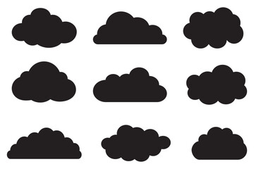 set of nine simple black cloud silhouette icons for weather forecasts and sky background designs.