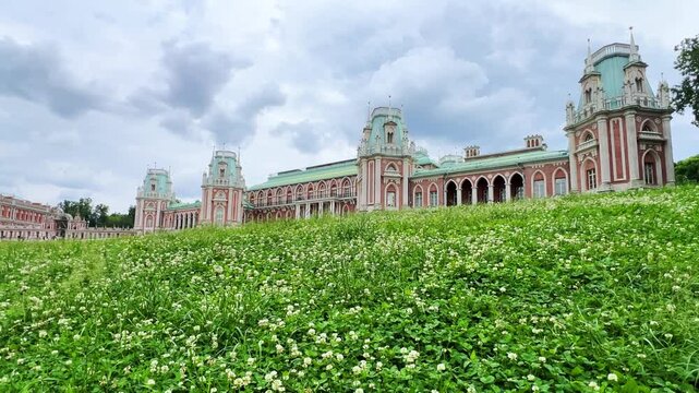 Tsaritsyno is a palace and park ensemble in the south of Moscow, founded in 1776 by order of Empress Catherine II. The Grand Palace in Tsaritsyno Park in cloudy weather. 4К