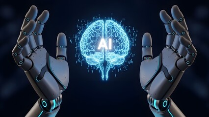 Robotic Hands Holding Glowing Digital Brain with AI Text. Artificial Intelligence Concept