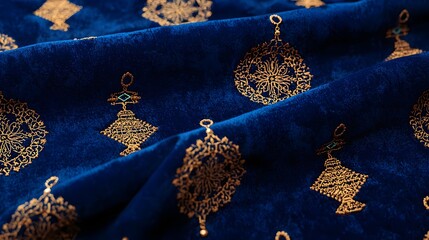 Royal Blue Velvet Fabric with Golden Islamic Lantern Patterns - Luxury Ramadan Textile Texture