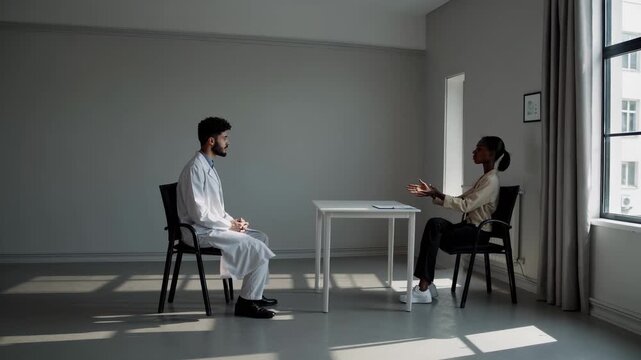Doctor patient sit across table during clinic consult. Woman explains symptoms to male doctor in white uniform. Light enters hospital room. Nurse, doctor, clipboard, woman, patient, clinic, medical