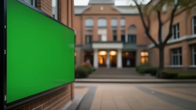Large digital donor wall with green screen displayed on a university campus