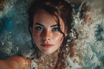 Girl enjoying a hydro massage in a relaxing spa setting with bubbles and serene ambiance in the afternoon light