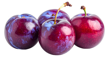 Four ripe, juicy, dark purple plums with stems against a black background