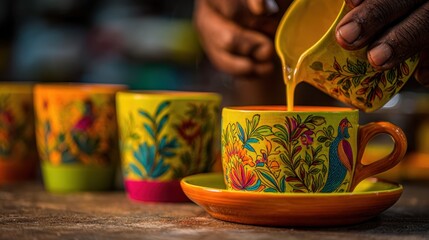 Artisan decorating ceramic cups by digitally transferring intricate designs highlighting the fusion of technology and traditional pottery methods in vibrant colors.