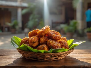Basket of Crispy Fried Fritters or Pakoras in Sunlight with Bokeh Background - Traditional Village Snack