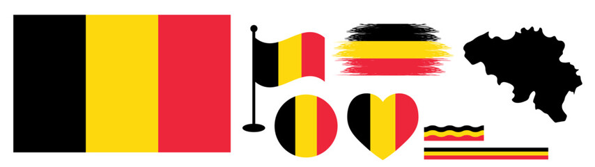 Naklejka premium Belgium Flag Bundle design or Elements Collection set. National Symbols Set Featuring Official Belgium Map Silhouette, Heart Icon, Waving Flag on Pole, Round Badge, and Artistic Paint Brush Strokes.