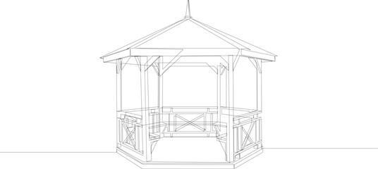 Summer garden gazebo continuous line drawing. Wooden construction minimalist black single line vector illustration.