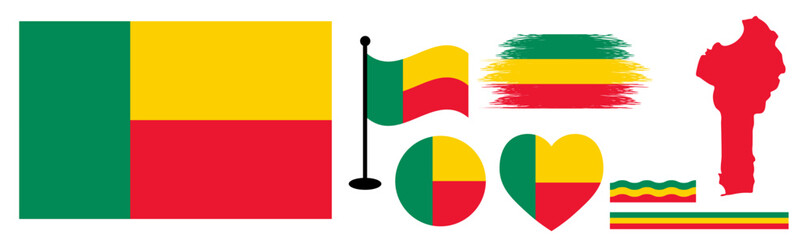 Obraz premium Benin Flag Bundle design or Elements Collection set. National Symbols Set Featuring Official Benin Map Silhouette, Heart Icon, Waving Flag on Pole, Round Badge, and Artistic Paint Brush Strokes.