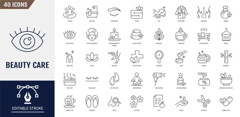 Beauty and care icon set. Skincare, makeup, aromatherapy, wellness, hair care, and cosmetic treatment. Editable stroke. Vector illustration