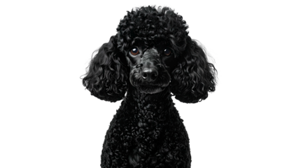 Head-on portrait of a black, fluffy poodle with a clean black background