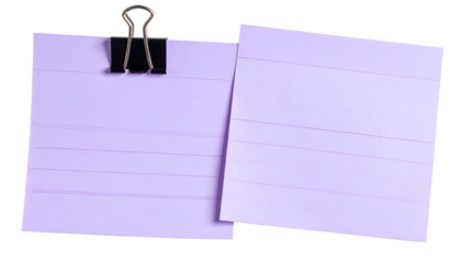 Two lined paper squares in purple, held together with a clip against a black background