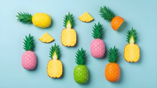 Colorful pattern of pineapples on pastel blue background. Top view. Minimal tropical fruit summer concept. - Powered by Adobe