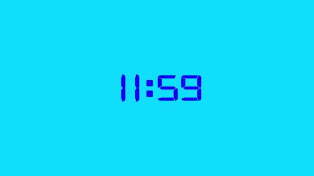Blue color digital timer number icon animation . Digital clock with time 11 hours 59 minutes on green background.