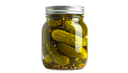 A clear glass jar filled with pickles submerged in brine, topped with a metal lid
