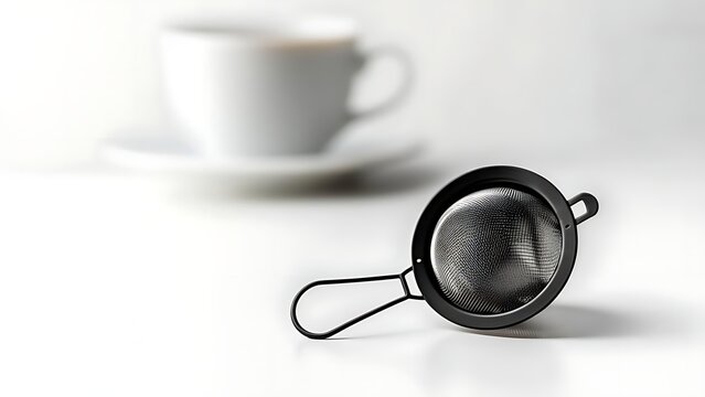 A black tea strainer sits near a white teacup and saucer. Bright lighting highlights the objects against a stark white background