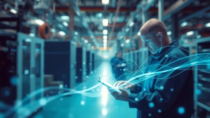 Generative AI creating futuristic data management in a high-tech server room with digital light