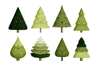 A delightful collection of cute watercolor christmas trees with smiling faces on a  isolated on transparent background