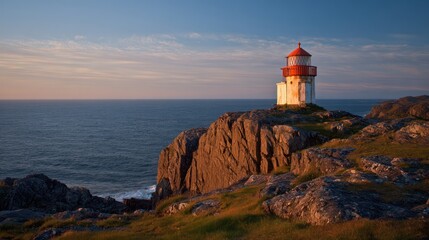 Coastal scene featuring a lighthouse atop rocky cliffs, bathed in warm sunlight reflecting on ocean