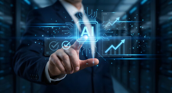 Businessman interacting with AI interface - Powered by Adobe