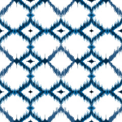 Ethnic ikat blue square dye yarns weaving seamless pattern. Vector hand drawn craftsmanship embroidery bohemian, abstract square geographic art fabric ikat textile material design for clothing 