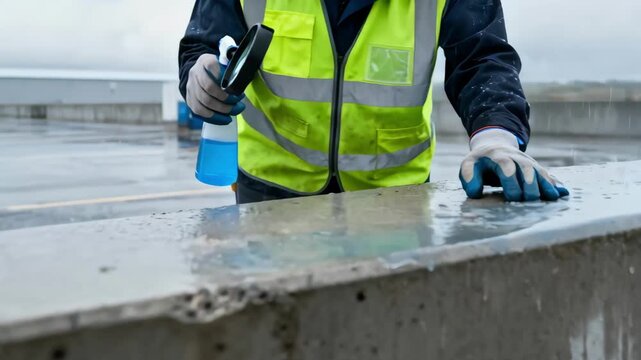 Medium shot of a worker inspecting silane weatherproof coating on concrete surfaces highlighting water repellency and enhanced durability in wet climates.