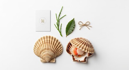 Elegant composition featuring scallops, herbs, and a stylish business card showcasing culinary art