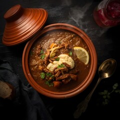 Traditional Clay Pot with Spicy Meat Stew or Haleem Garnished with Lemon - Rich Iftar Dinner