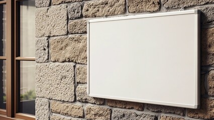 Blank white horizontal sign with thin frame hanging on rustic stone wall
