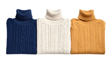 Three folded, cable-knit turtleneck sweaters in navy, cream, and mustard