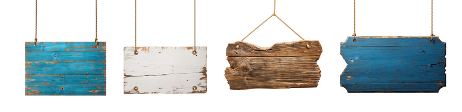Old wooden board hanging on a rope on a pole isolated on transparent background