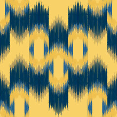 Ethnic ikat blue on yellow dye yarns weaving seamless pattern. Vector hand drawn craftsmanship embroidery bohemian, abstract square geographic art fabric ikat textile material design for clothing