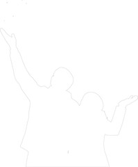 Joyful Couple Outline with Raised Hands Celebrating Falling Elements Line Art Vector
