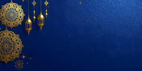 Minimalist Blue Texture with Single Hanging Lantern and Sparkles - Clean Eid Mubarak Concept