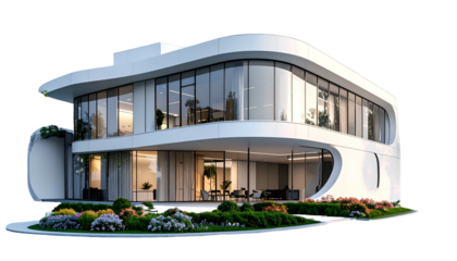 Futuristic two-story home with curved white facade, glass walls, and landscaped garden