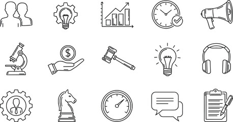 Business strategy and management line icons set, innovation, finance, research, teamwork, marketing, law, and productivity vector illustration