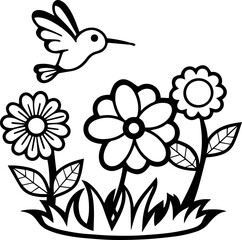 Obraz premium SVG vector illustration of a hummingbird and flowers.Hummingbird Interacting with Vibrant Flower Design