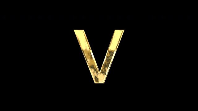 Gold Greek lowercase alphabet &ldquo;&nu;&rdquo;, light reflecting and patterns shifting, alpha channel