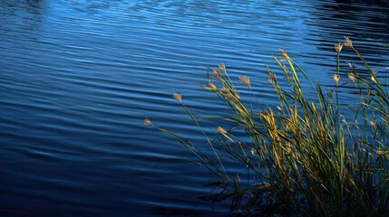 Sunlight bathes reeds along a rippling water surface, creating a contrasting interplay of light and dark