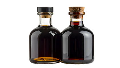 Two small, dark brown bottles with cork and black stoppers stand against a black background