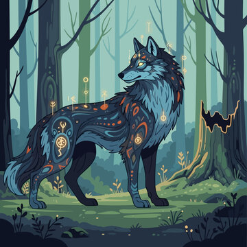 Enigmatic Wolf Amidst Mystical Forest with Ancient Runes and Enchanted Glow