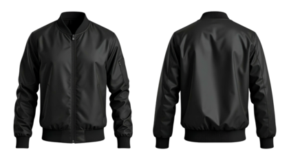 Front and back views of a black, unbranded bomber jacket on a black background
