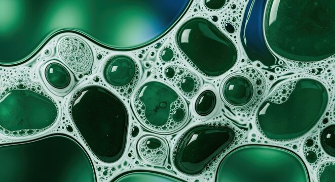 Macro shot of green liquid with bubbles creates an abstract pattern reminiscent of cells and