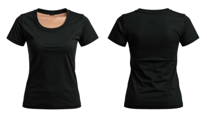 Two views of a plain black crew neck t-shirt front and back on a black background