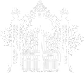 Obraz premium Gothic Cemetery Gate Rest in Peace Vector Outline Stencil Design with Spooky Trees and Ironwork