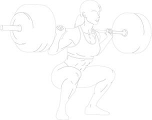 Strong Woman Barbell Squat Line Art Illustration Fitness Workout Outline Vector