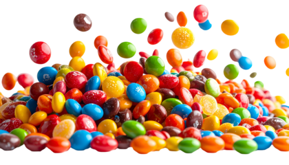 Colorful coated candies in various colors, some falling, on a black background