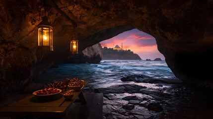 Sea Cave Entrance Framing a Distant Mosque at Twilight with Hanging Lantern and Ocean Waves